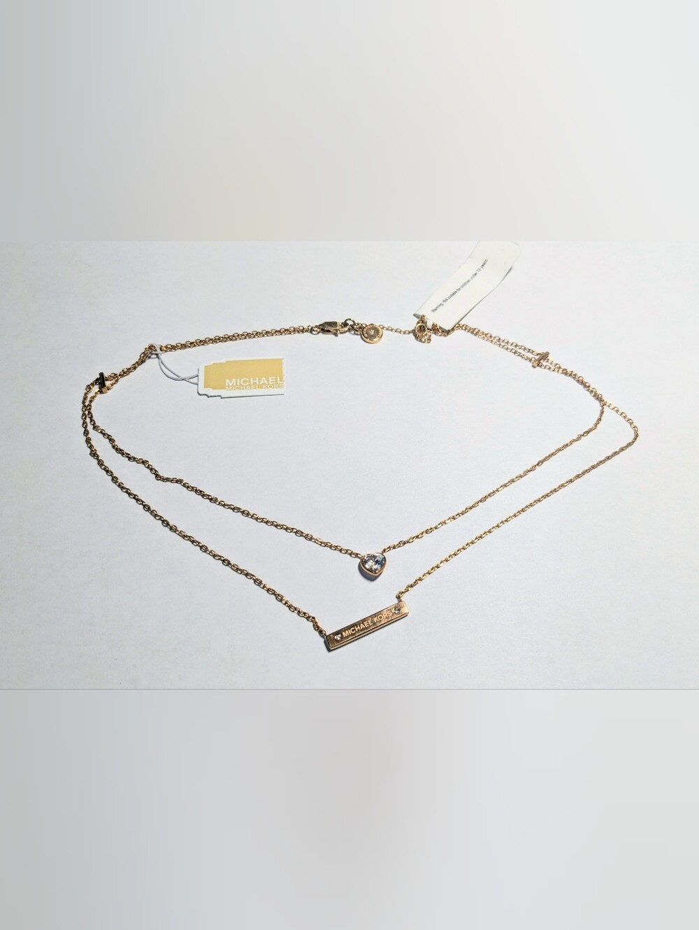 Michael Kors Rose Gold Chain Necklace Cz Heart Bar Pendant New